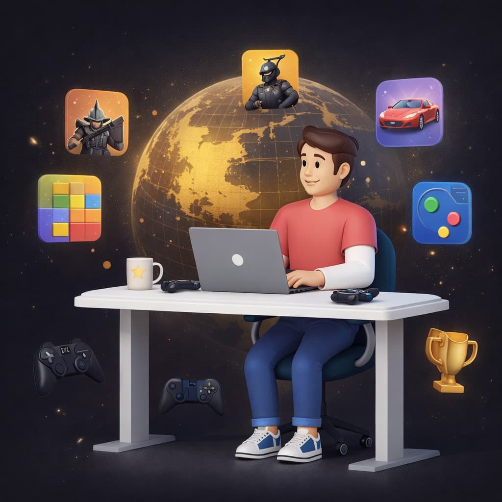 Game developer with laptop and global opportunities